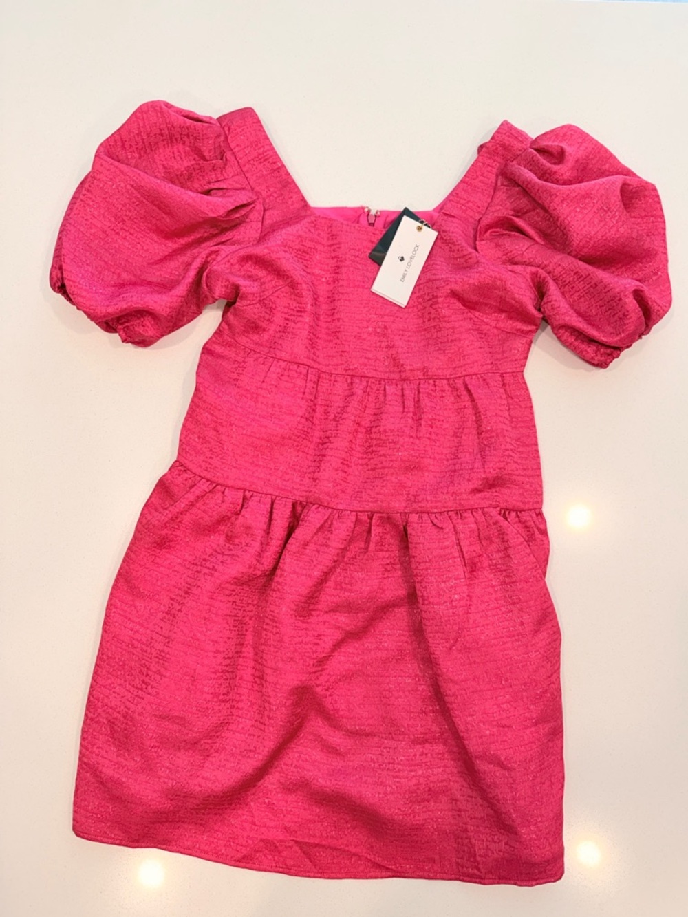 Emily Lovelock NWT Bonnie Bright Fuchsia Puff-Sleeve Tiered Mini Dress